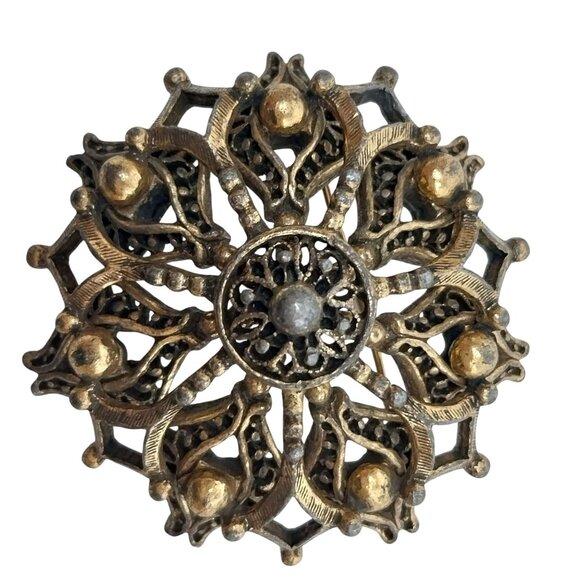 Vintage Hedy Ornate Antique Gold Tone Filigree Brooch Pin - Picture 1 of 7